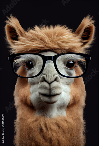 Portrait of a cute alpaca with glasses. AI generated