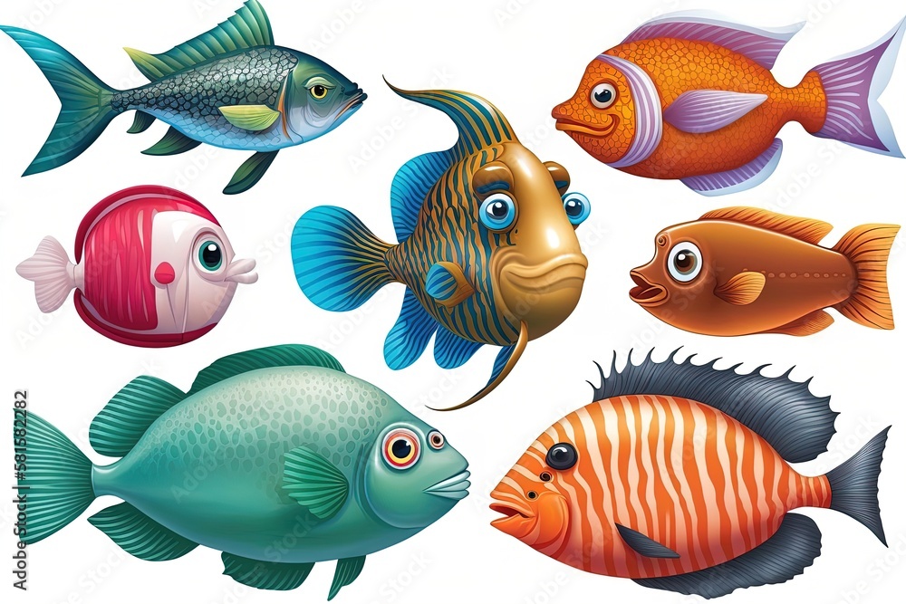 Fototapeta premium Set of funny and cute cartoon fish. Marine and river fish digital art for childish design.