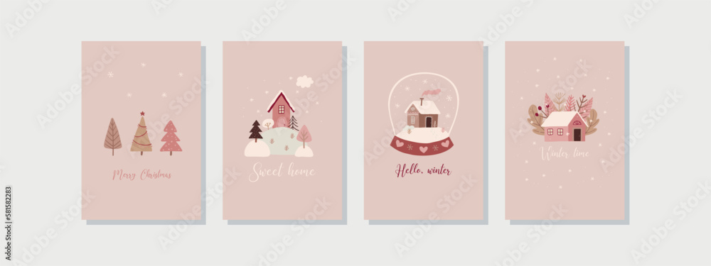 Set of different Christmas cards. Cute boho houses Set of different Christmas cards. Cute boho houses