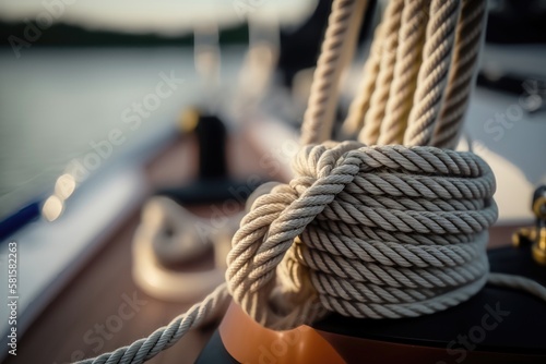 Closeup image of ropes lying on the wooden deck. AI Generation