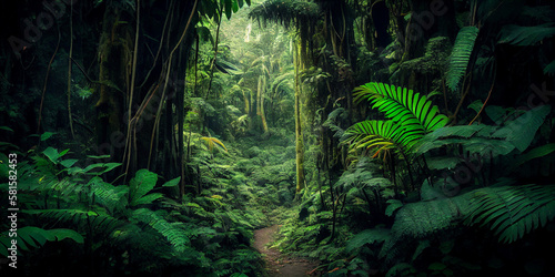 Dense rainforest with lush green foliage generated by AI photo
