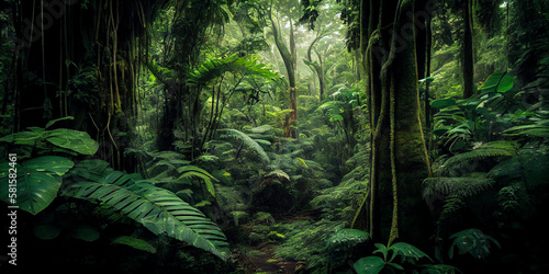 Dense rainforest with lush green foliage generated by AI photo