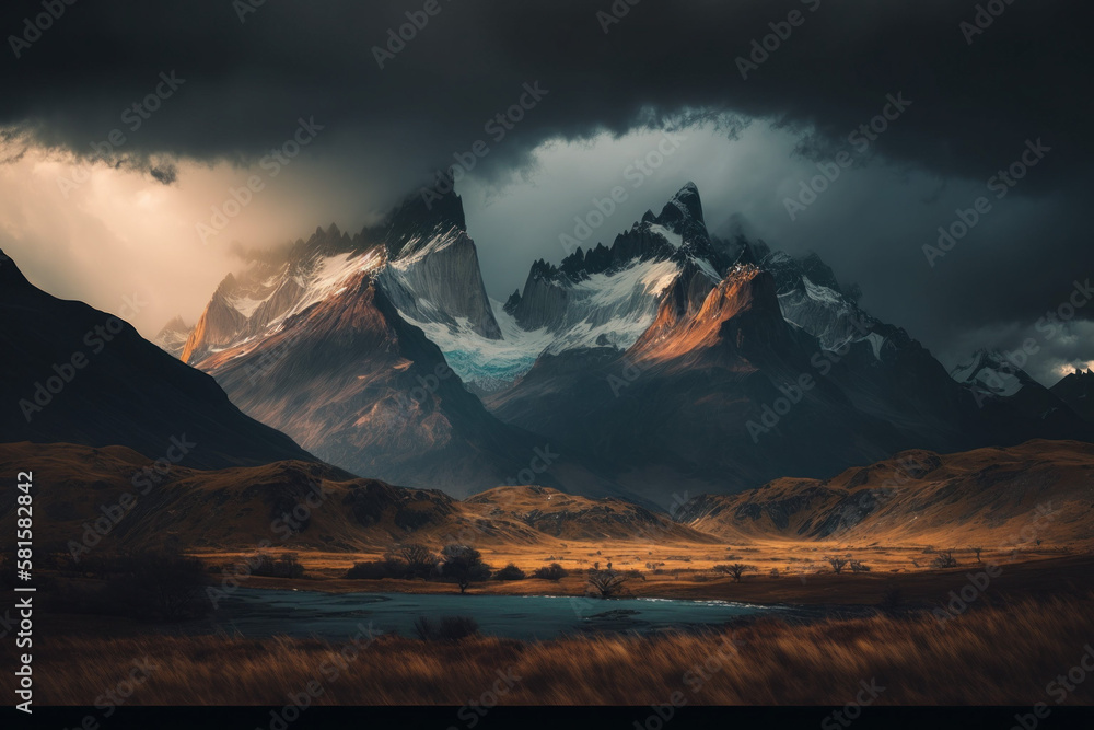 Photorealistic ai artwork landscape image of sunrise or sunset over dramatic and atmospheric mountains. Generative ai.