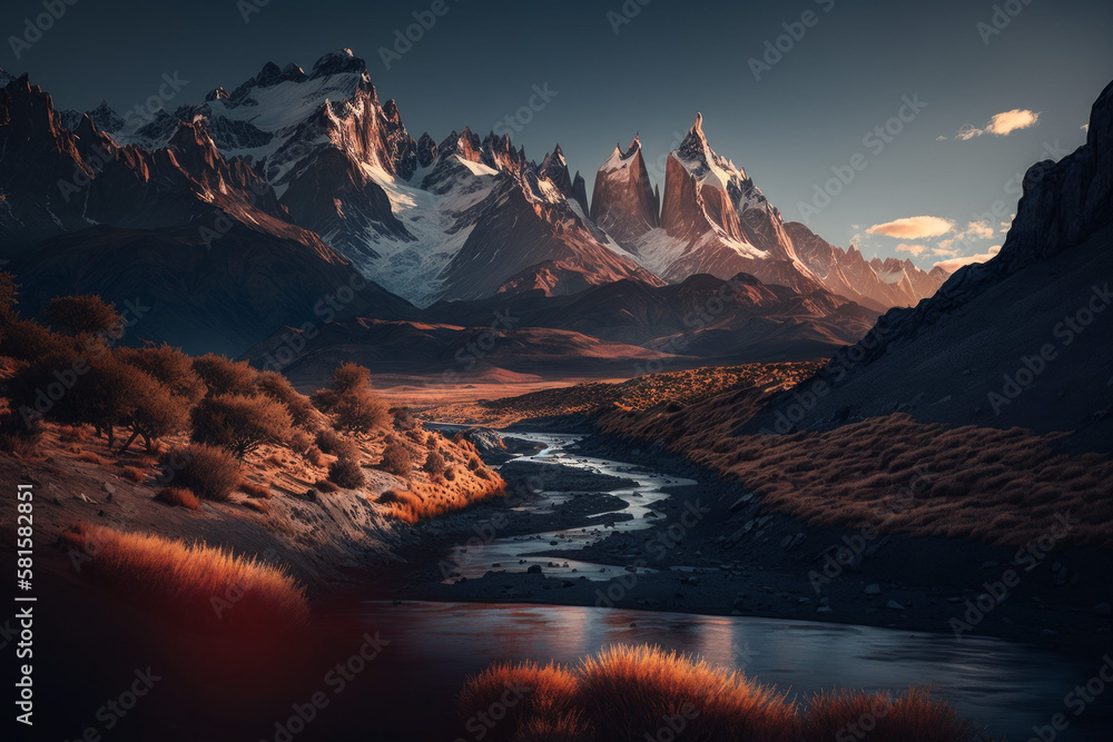 Photorealistic ai artwork landscape image of sunrise or sunset over dramatic and atmospheric mountains. Generative ai.