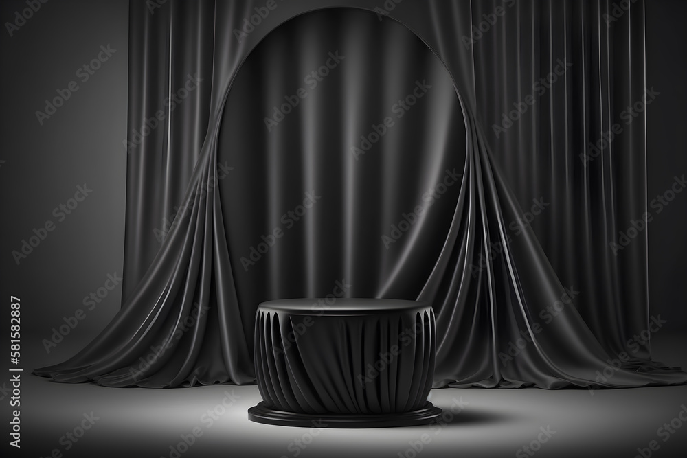 Black podium and curtain for product presentation, illustration ai generative