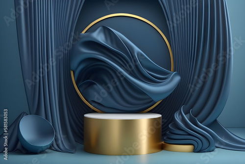 Blue navy and golden podium with curtain for product presentation, illustration ai generative
