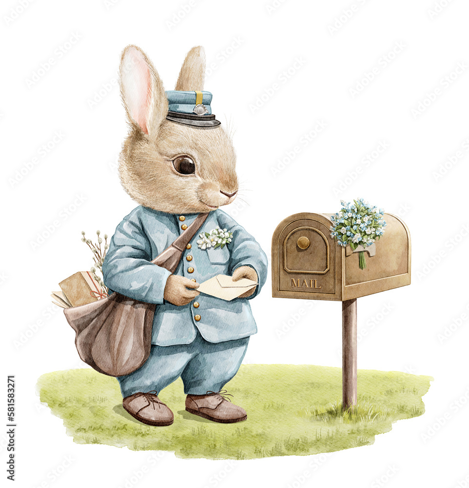 Watercolor rabbit postman with mail bag, parcel and letter near mailbox ...
