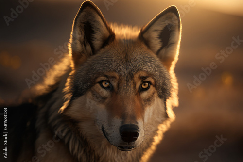 Photorealistic ai artwork of a close-up wolf at sunset or sunrise. Generative ai.