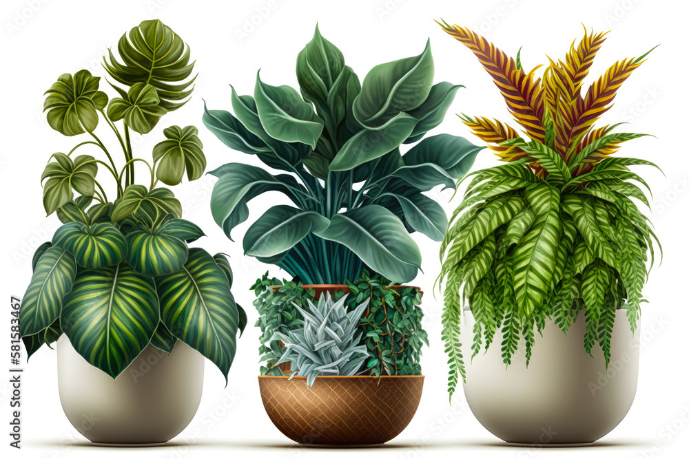A group of different types of indoor plants, each in a unique and decorative pot, isolated on a white background - Generative AI