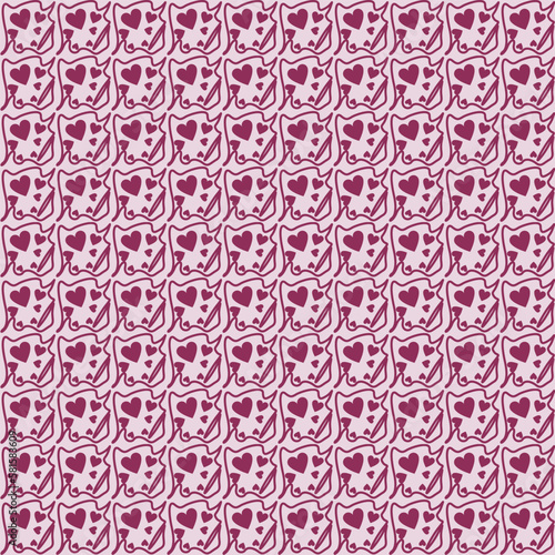 Seamless background pattern of unevenly spaced hearts of different sizes and shapes. illustration on red background loves. Vector illustration