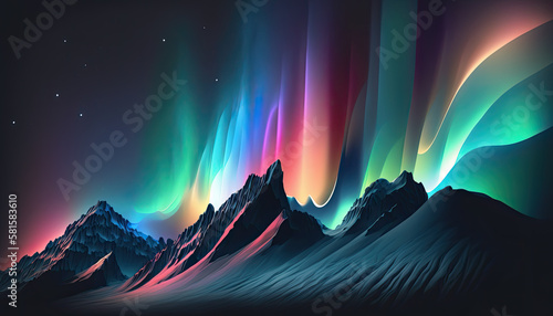 Aurora Borealis Sky Over Sharp Ridged Mountains - Abstract Landscape - Generative AI