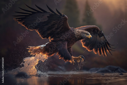 Photorealistic ai artwork of a portrait of an eagle catching fish. Generative ai.