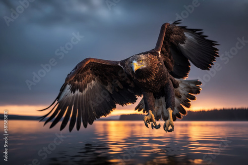 Photorealistic ai artwork of a portrait of an eagle swooping low over water. Generative ai. © JG Marshall