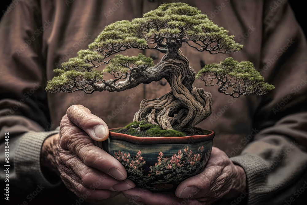 Hands holding bonsai tree, Generative AI