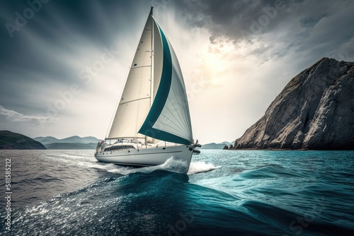 Sailing ships yachts with white sails in the open sea. AI Generation