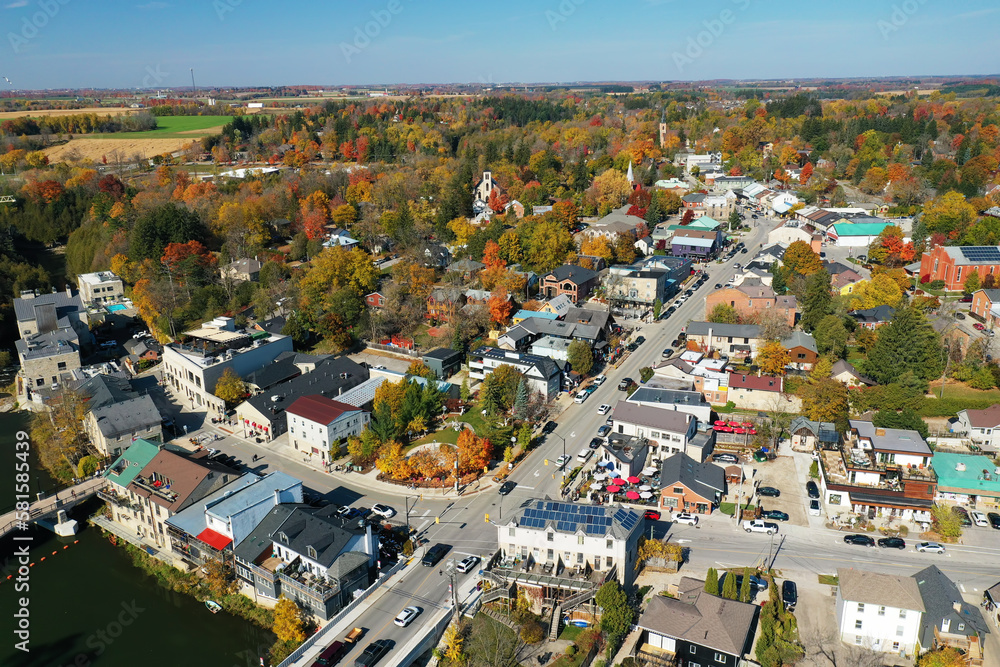Aerial view of Elora, Ontario, Canada in autumn color