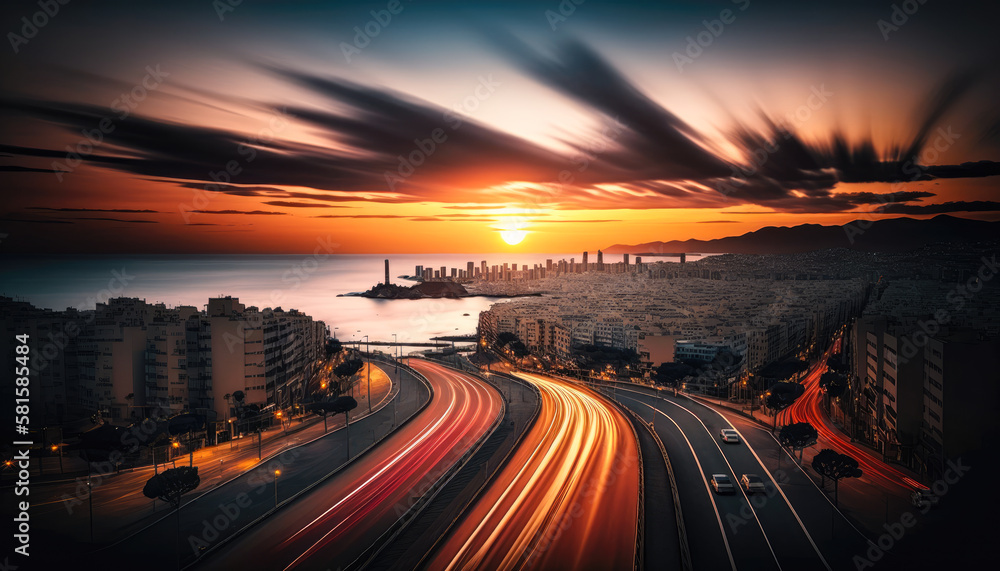 a beautiful sunset over the city of Barcelona, with the warm colors and stunning views of the city, long exposure - Generative AI