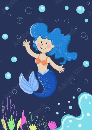ilustración vectorial de sirena cabello azul
