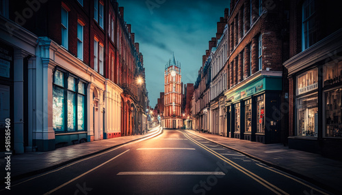 a deserted street in the trendy neighborhood of Soho in London, with the urban energy and eclectic architecture of the city in the background - Generative AI