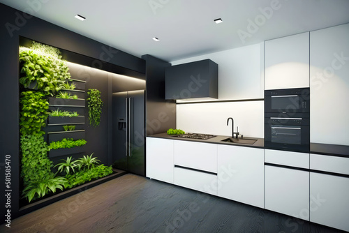 A minimalist kitchen with a sleek design  a built-in herb garden - Generative AI