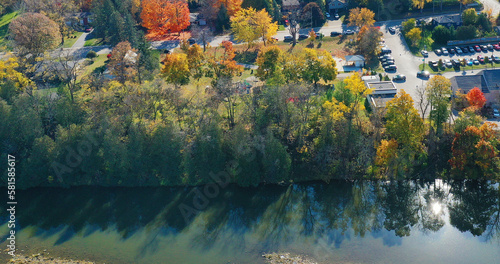 Aerial view of Elora, Ontario, Canada in fall