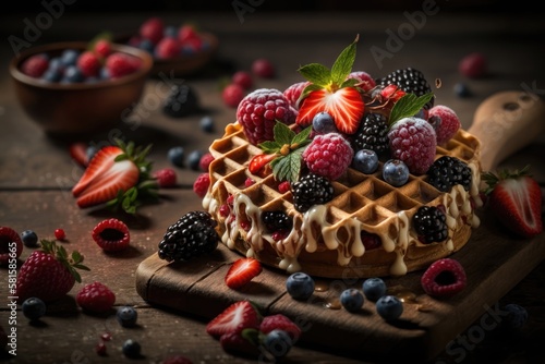 Waffles with berries, strawberries. AI generation