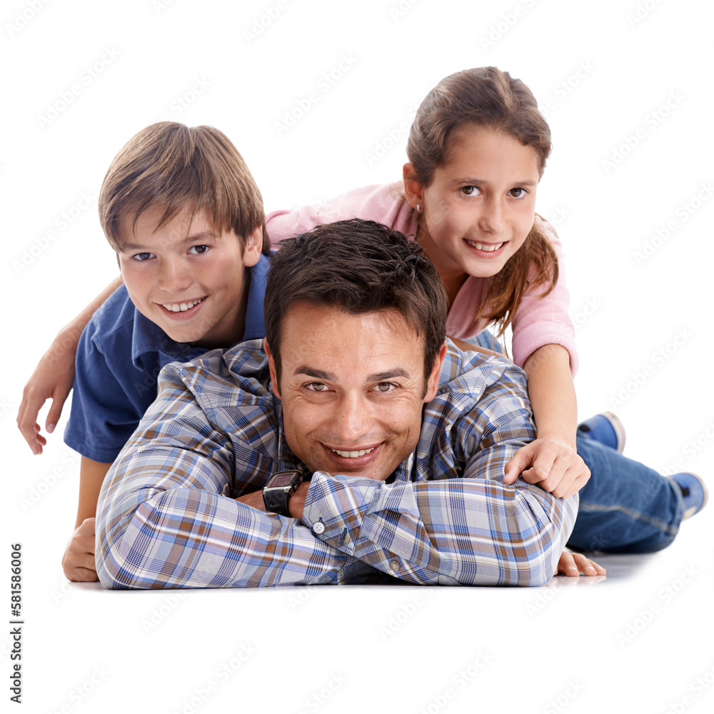 Our dad totally rocks. Portrait of a loving father and his children isolated on white. Our dad totally rocks. Portrait of a loving father and his children isolated on white.