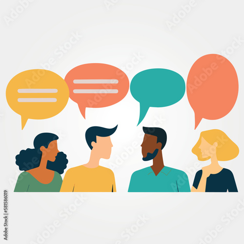 group of people of various ethnicities and genders talking, vector illustration