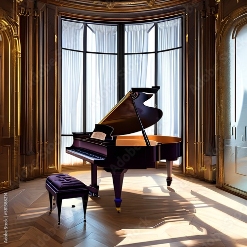 A room with ababy grand piano and a set of speakers2, Generative AI photo