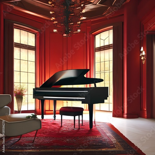 A room with dark red walls and a large piano3, Generative AI