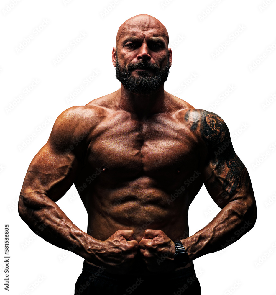 Fototapeta premium Strong man bodybuilder posing, tattoo on hand
