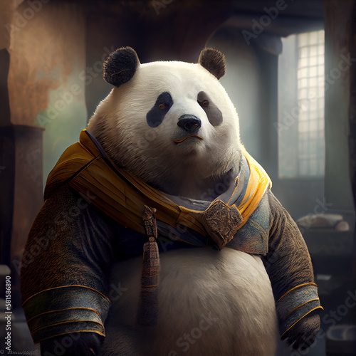 Fotografiet Realistic lifelike overweight fat panda bear in Medieval Renaissance century sty