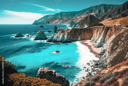 The rugged coastline of Big Sur, California, with dramatic cliffs dropping into the sparkling turquoise waters of the Pacific Ocean - Generative AI