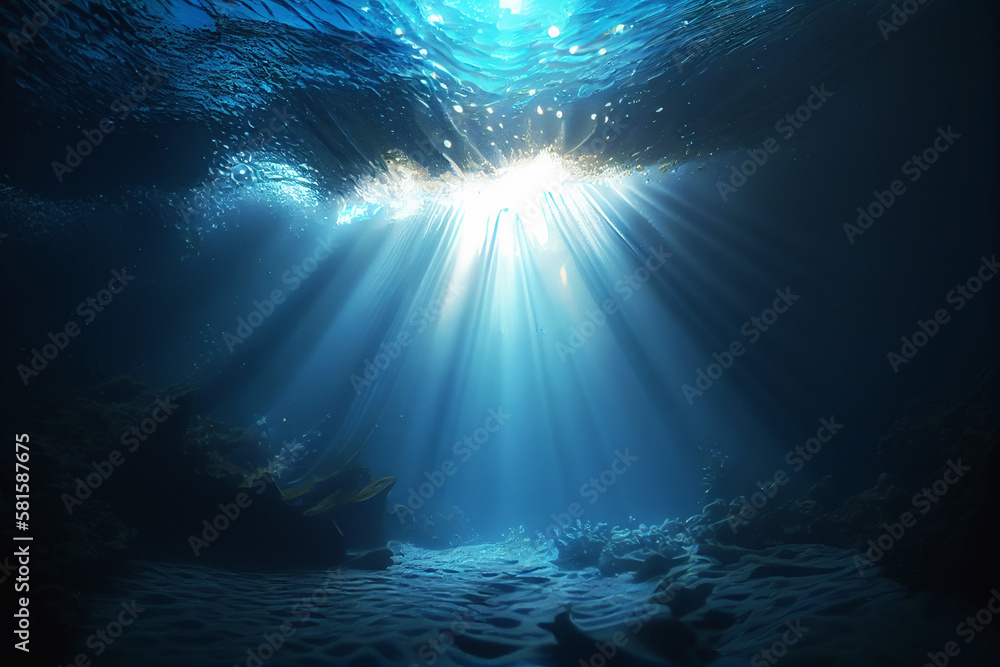 Underwater Sea. Deep Water Abyss With Blue Sun light. Generative AI. 3
