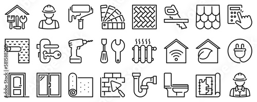 Line icons about home renovation on transparent background with editable stroke.