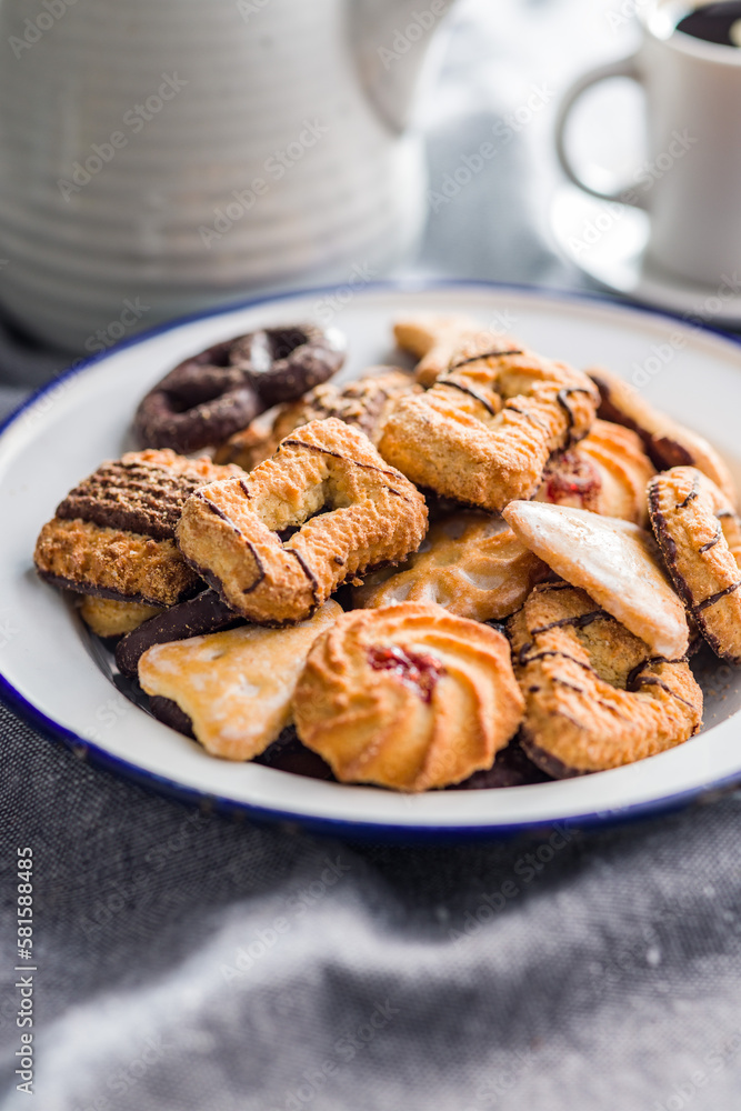 Assorted various cookies. Sweet biscuits on plate. Assorted various cookies. Sweet biscuits on plate.