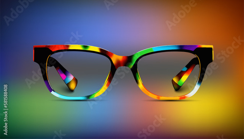 Closeup of sunglasses in multicolored spectacle frame. Vector eps 10 illustration. Contains mesh background