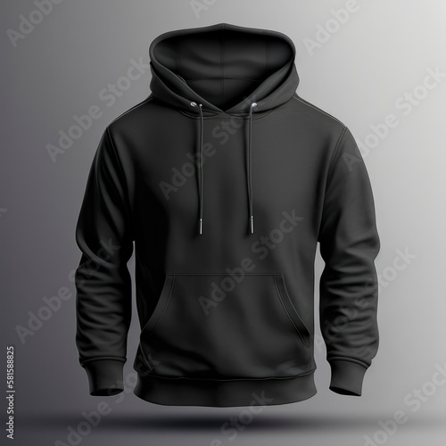 black hoodie template, front and back, black background, 3d tshirt mockup with shadows, generative ai 