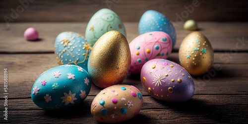 easter eggs close-up, colorful with gold details