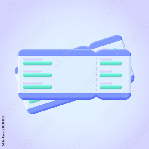 Airplane, bus, train tickets, boarding pass icon. 3d vector icon for web site, banner, landing page, print. Two tickets three dimensional illustration. photo