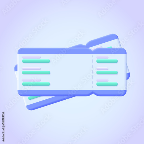 Airplane, bus, train tickets, boarding pass icon. 3d vector icon for web site, banner, landing page, print. Two tickets three dimensional illustration.