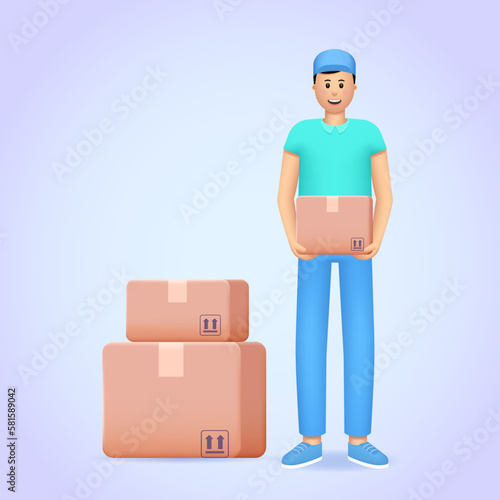 Parcel boxes and delivery man icon. Safe delivery, fast shipping, courier service. 3d vector icon for web site, banner, landing page, print. Package and character three dimensional illustration.