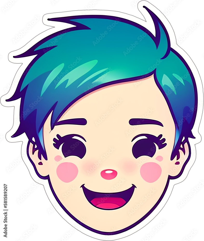 Sticker with a cartoon boy's head with a hairstyle and a smile on his funny face, with a white frame around