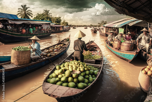 The colorful floating markets and intricate canals of the Mekong Delta, Vietnam, with traditional boats and bustling street markets - Generative AI