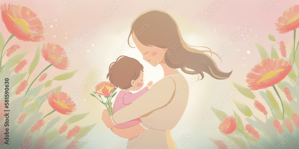 mother and child, flower's background, mother day concept illustration mother and child, flower's background, mother day concept illustration