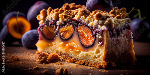 A slice of plum cake with crumble topping generated by AI photo
