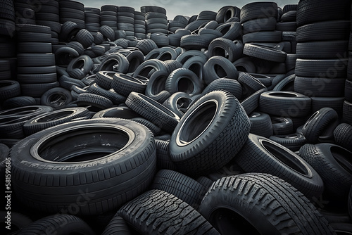 Big pile of used old car tires for recycling. Neural network AI generated art