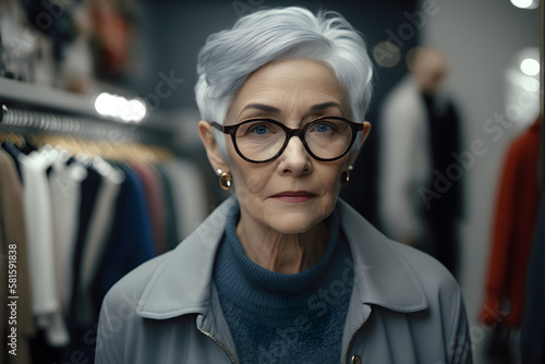 Senior woman with silver hair, trendy short haircut, wearing trendy clothes, in the shopping center