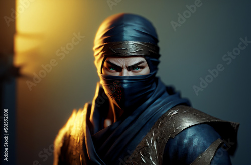 a male ninja with a black mask on his face covering his face. Generative AI.