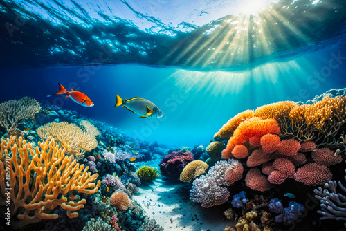 Fototapeta Naklejka Na Ścianę i Meble -  The vibrant coral reefs and tropical fish of the Great Barrier Reef, Australia, with the sun filtering through the water - Generative AI